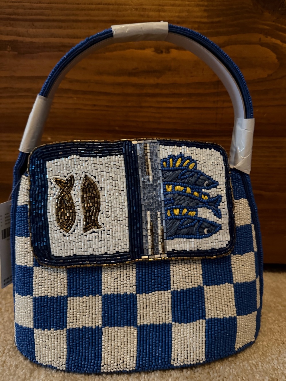 Anthropologie Blue & White Beaded Checker Top-Handle Mini Bag